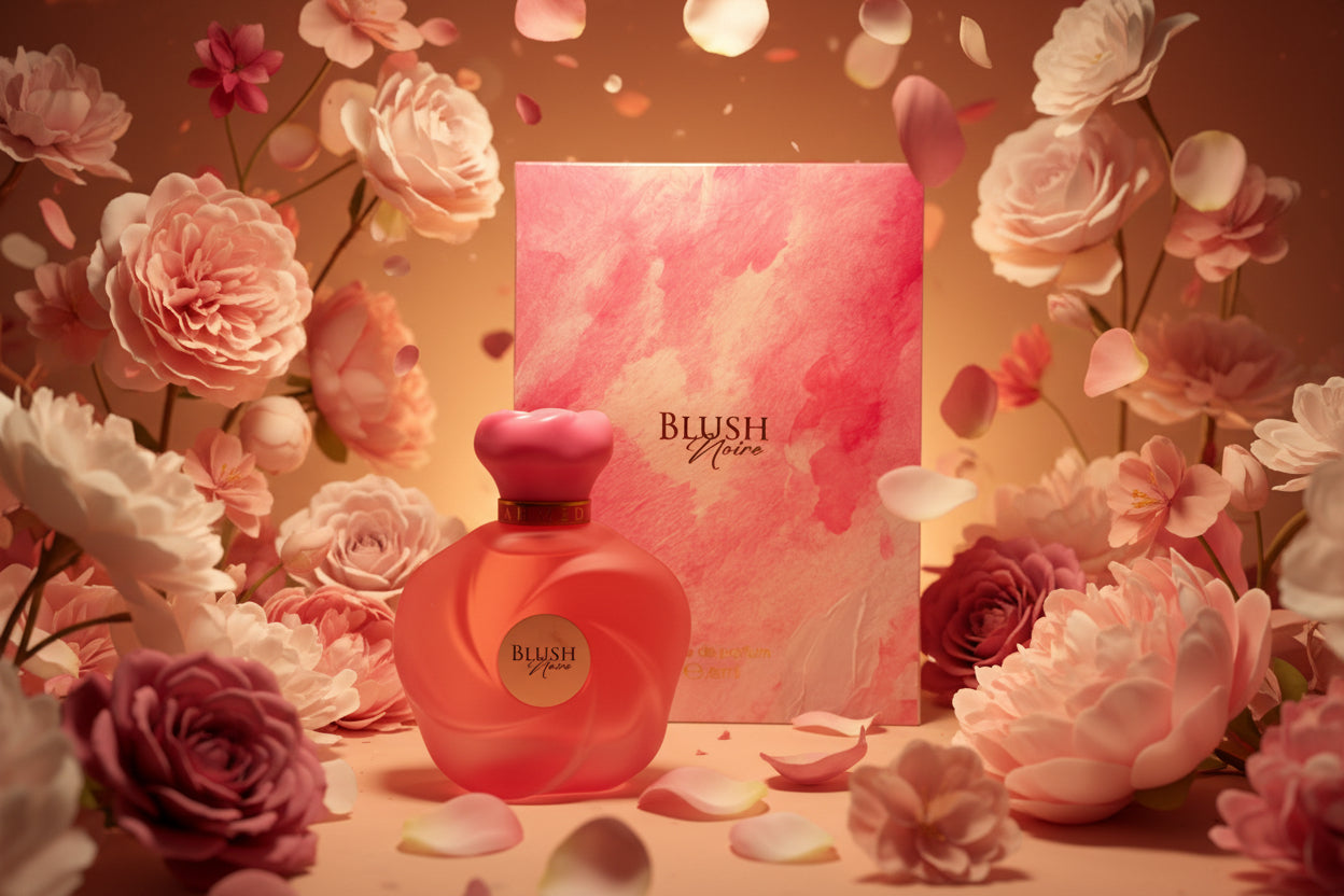 Pink bottle and box with 'Blush' branding on a light gray surface
