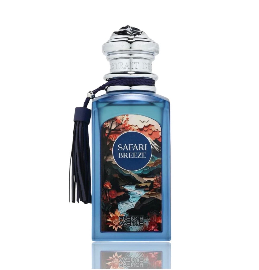 Perfume bottle labeled 'Safari Breeze' by French Avenue on a white background
